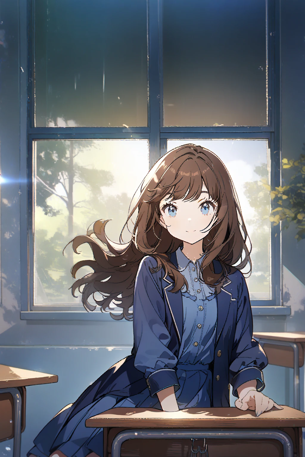 1 girl, CuteStyle, upper body, blue eyes, brown hair, long hair with bangs, dressed in a dark blue dress, dressed in a dark blue jacket buttoned, school dress, at school, windows, sitting at a desk, smile on her face, day, light, rays of the sun, detailed, beautiful, medium chest, looking on the viewer, tired face, calm cute cheerful smile, dynamic, gentle tones