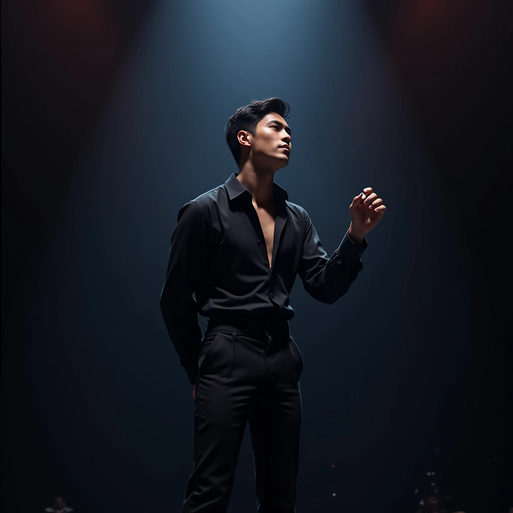A handsome, black-haired man named Leehan was doing a solo perform singing on stage and wearing black blouse and black trousers