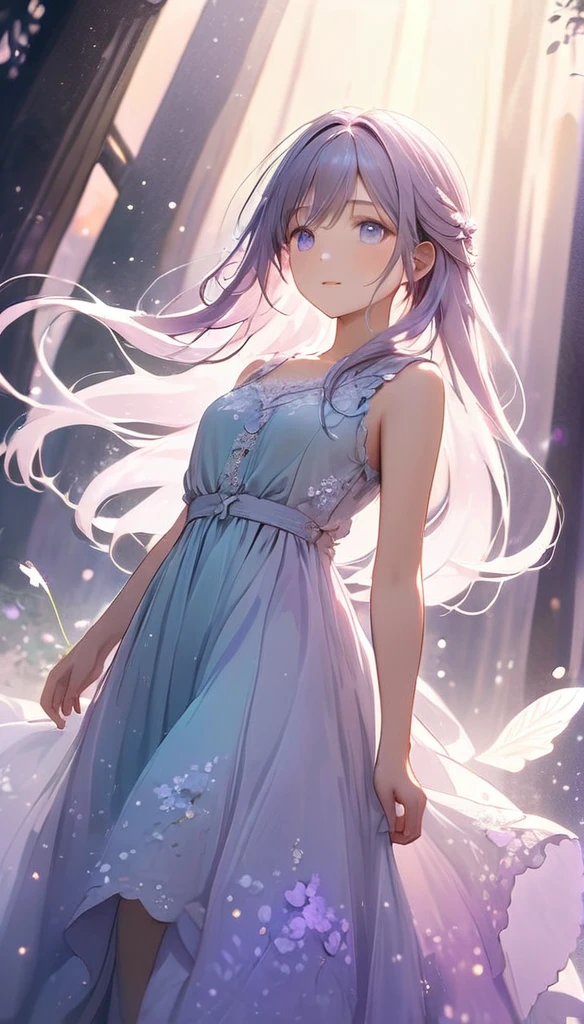 masterpiece, best quality, ultra-detailed, beautiful detailed eyes, beautiful detailed sky ,dynamic angle, illustration,A young girl with a gentle expression, her long hair softly flowing. The scene is bathed in a cool, soft light, with a subtle blue and lavender color palette dominating the image. She is wearing a flowing dress in pale pastel shades, standing in a serene, ethereal environment with delicate mist and soft shadows. The background features faint, abstract shapes, enhancing the dreamy atmosphere. The overall mood is calm, peaceful, and slightly melancholic, with soft focus and smooth textures adding to the sense of tranquility.