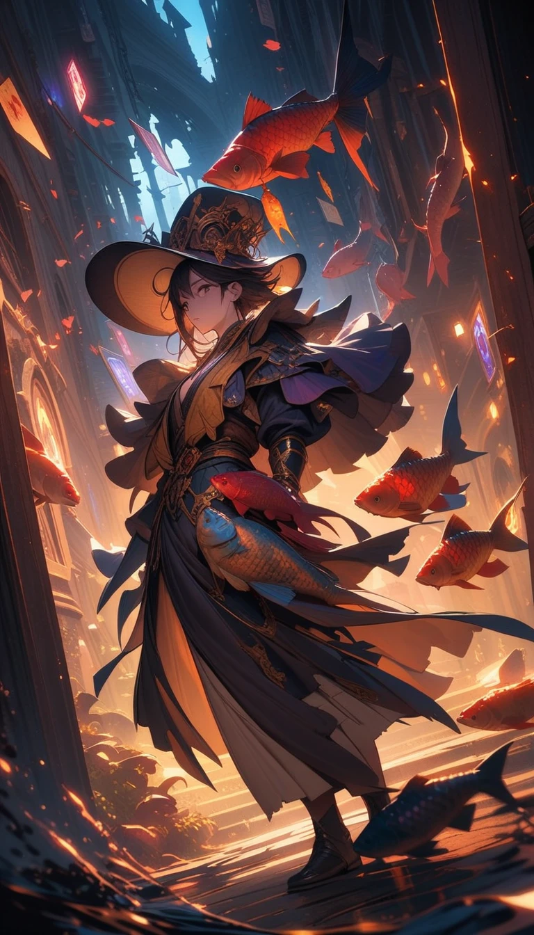 ((best quality)) , ((masterpiece)) , (detailed),League of Legends splash art depicts a Magician in the style of Akihiko Yoshida playing cards in an alleyway at night. He wears a magician's hat on his head against a backdrop of a fantasy background with cinematic lighting. A dynamic camera angle shows the magician surrounded by a dark red, purple, blue and yellow color palette. Card design elements fly around him, colorful and dramatic.,((carp))