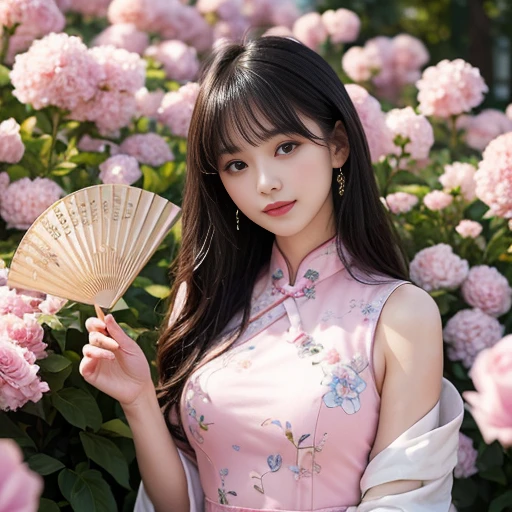 best quality, Delicate face，beautiful visual work, lifelike,  eternity, black hair, Long curly hair, blunt bangs, Smile, In the flower garden, flower, Detailed Background,  Delicate face，pink blush，cold，((masterpiece))、(top quality)、8k、high detail、Super detailed，21 years old female，Wearing Chinese cheongsam、Seductive and whimsical style、masterpiece、born、Scenes resembling fairy tale illustrations、Intricate details and complex designs、Beautifully、magic、capricious、 Beautifully、Dream aesthetics、「𝓡𝓸𝓶𝓪𝓷𝓽𝓲𝓬、ethereal、charming、fickle、magic」、Realism、Visual effects、FXAA、SSAO、Shaders、voiceless、ambient lighting、Tone mapping、High resolution、Ultra high quality、Million pixels、(8K resolution:1.10)、8k、Below 8K、8K resolution、high detail、intricate details， (high quality:1.2、masterpiece:1.2、:1.21)、(21 years old female:1.21)、(Smile excitedly)、(Surrounded by the dreamy atmosphere、Model diagram，full-body shot，Normal 2 feet，Don't show your fingers，The fan is unfolded under the chin