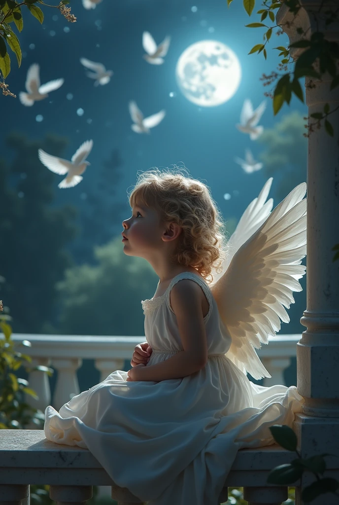 little cute angel with feathered wings looking to the night sky, ((gorgeous face)), ((realistic)), sitting on the outer egde marble gazebo at night garden and surrounded by white litle birds flying around her, all illuminated by the moon, intricate detailed, professional lighting, high definition, 8k, studio light