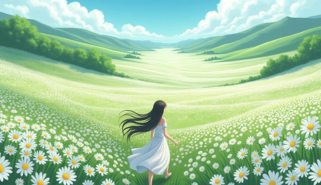 A greeny landscape with ocean of white daisy flowers and the ambience is so light and peaceful where a woman with a long hair and wearing a white dress running in the midst of it but her back only is visible. make the picture from the sky down to landscape. Make the picture anime