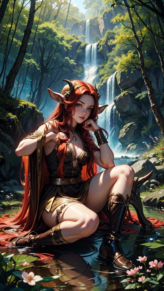 red hair,A faun female in the forest, satyr, woman, fantasy(masterpiece, best quality, photorealistic, detailed shiny skin:1.2), flawless, 8k, RAW, highres, (dark night:1.1), goat legs, furr legs, hooved, goat horns, beard, long black hair, looking at viewer, cinematic, dark background, medieval, muscles, open ches5, fantasy, (absurdes), attractive, long blonde hair, golden eyes, sexy,big  , cherry blossom,waterfall, forest, sun rays