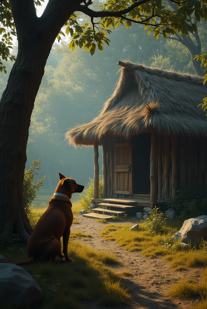 CREATE AN IMAGE OF AN OLD PEASANT FROM PERU WITH HIS DOG FACING A SHADOW SPIRIT, AMONG YOUR CABIN WITH PLANTANO AND COFFEE TREES