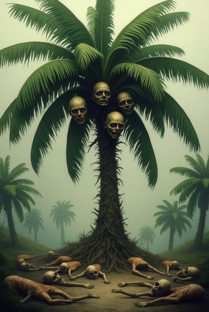 It generates an image like a drawing of a banana palm tree but instead of a banana tree it has heads of people hanging from the leaves and also bodies of dead people lying on the floor as if representing the banana massacre.