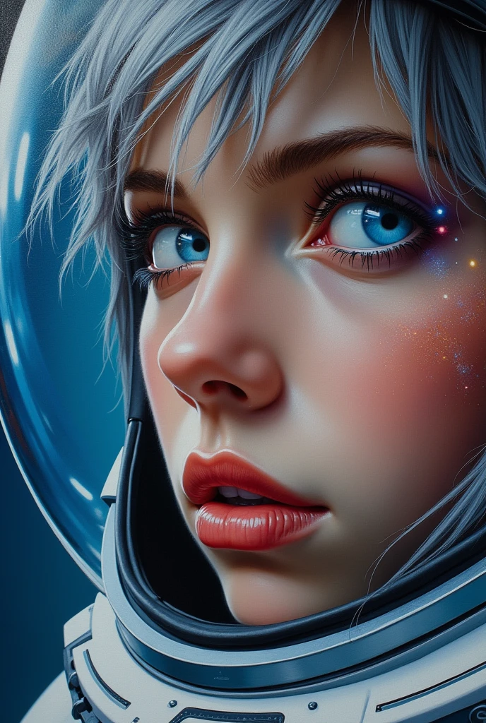 (Close-up of a better masterpiece:1.5)0.9], (Space and astronauts:1.2) (Messy silver hair:1.1) (Heterochromia xanthochromia and blue eyes:1.2) (Space Helmet:1.0) (Colored stars in the eyes:1.0) (A radiant glow:1.1) (thick lips:0.9)