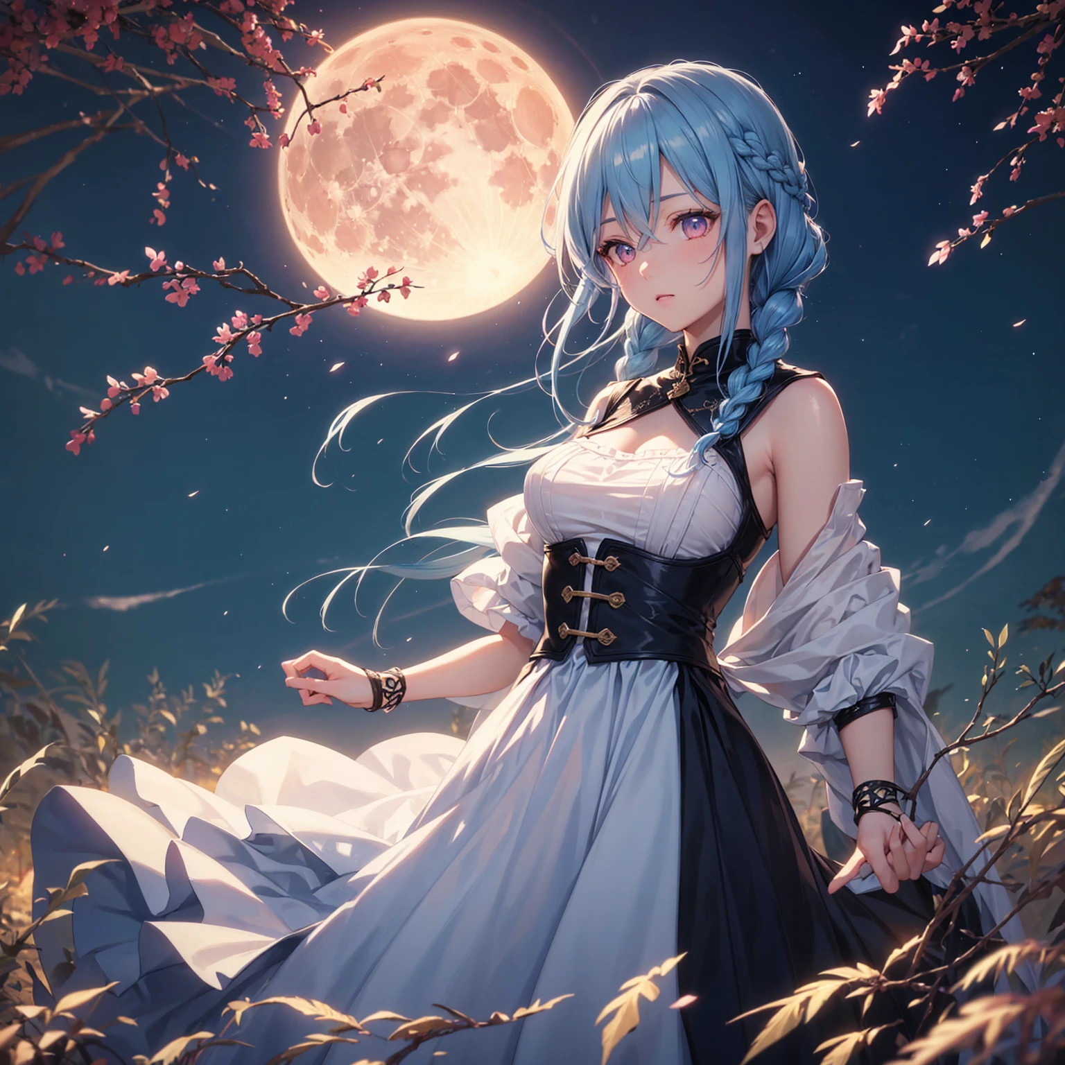 (Braiding),(Sky blue hair), (Pink eyes),(Fair skin)  ,(whole body),(One Girl),(harvest moon),(A large amount of Miscanthus sinensis in the background),autumn,(full moon),(masterpiece, Highest quality, Very detailed, Best Shadow), (Detailed Background), (Beautifully detailed face), High Contrast, (Best lighting, Very delicate and beautiful), ((Cinematic Light)), Hyper Detail,8k, Dramatic Light, Intricate details