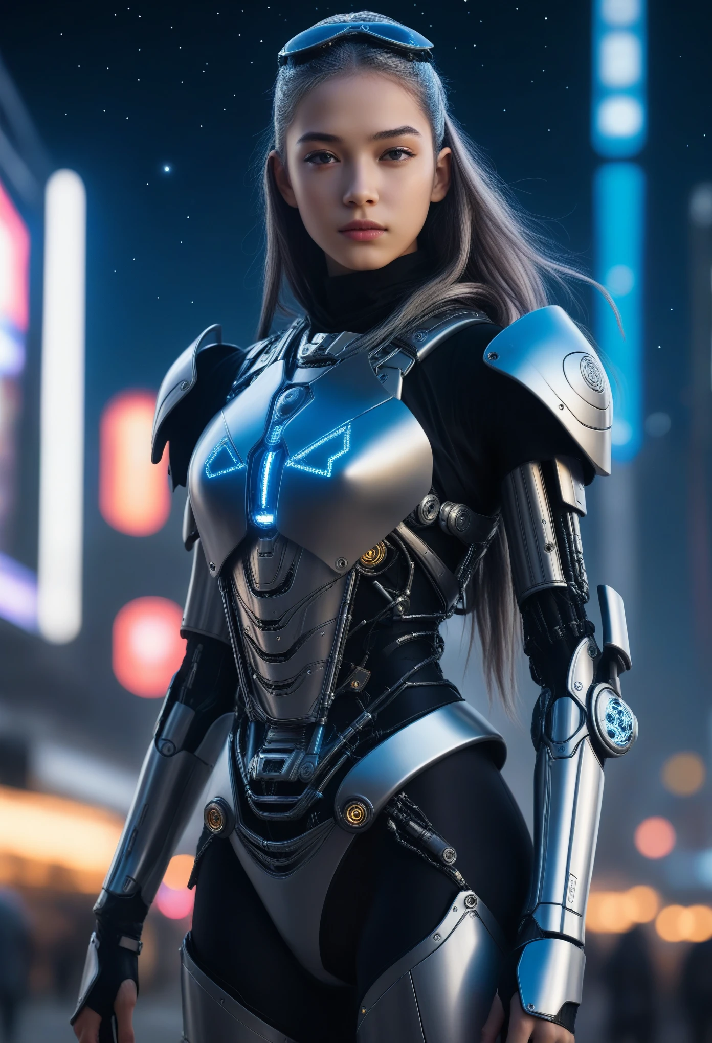 masterpiece, 4k, 8k, highres, (realistic:1.37), (photorealistic:1.37), (photo-realistic:1.37), ultra-detailed, (detailed cyborg:1.2), 1 beautiful 15yo girl, cyberpunk ninja, wearing a mechanical armor, starry sky, performer, cape, headband, thin legs, long gray hair, depth of field, blurred background