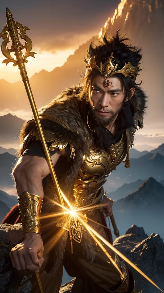 best quality,Very detailed,masterpiece,illustration,wukong(black myth),Determined expression,Glowing eyes,Holding a golden staff,Standing on the peak of a rugged mountain range,There is sunshine around、cloud,Presented as a hero,Close-up,Make the Swinging Golden Staff、Looking into the distance, etc.,Movie-level lighting