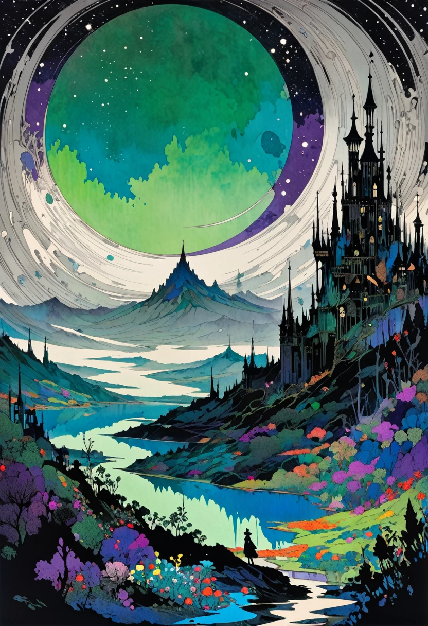 Harry Clark (Harry Clarke) style,(Mysterious landscape),[There&#39;s a lot of suspense],fantasy,dark,dark,atmosphere,dark,(The magic stone showing modern technology models),(Demon Crown:1.3),(A heavy sword that exudes a dangerous aura:1.2),(Transformed by future technology:1.2),(Steel Blue Palette:1.2),(Fractal Art:0.9),