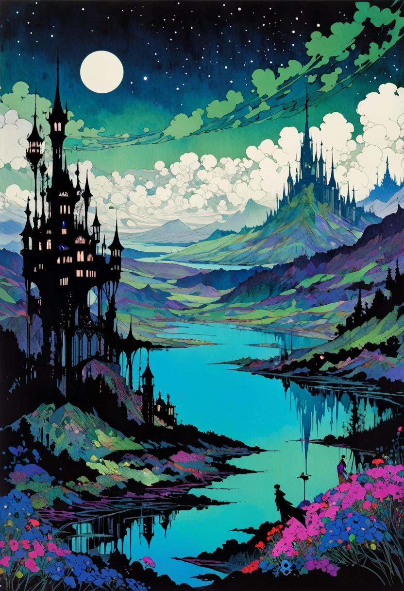 Harry Clark (Harry Clarke) style,(Mysterious landscape),[There&#39;s a lot of suspense],fantasy,dark,dark,atmosphere,dark,(The magic stone showing modern technology models),(Demon Crown:1.3),(A heavy sword that exudes a dangerous aura:1.2),(Transformed by future technology:1.2),(Steel Blue Palette:1.2),(Fractal Art:0.9),