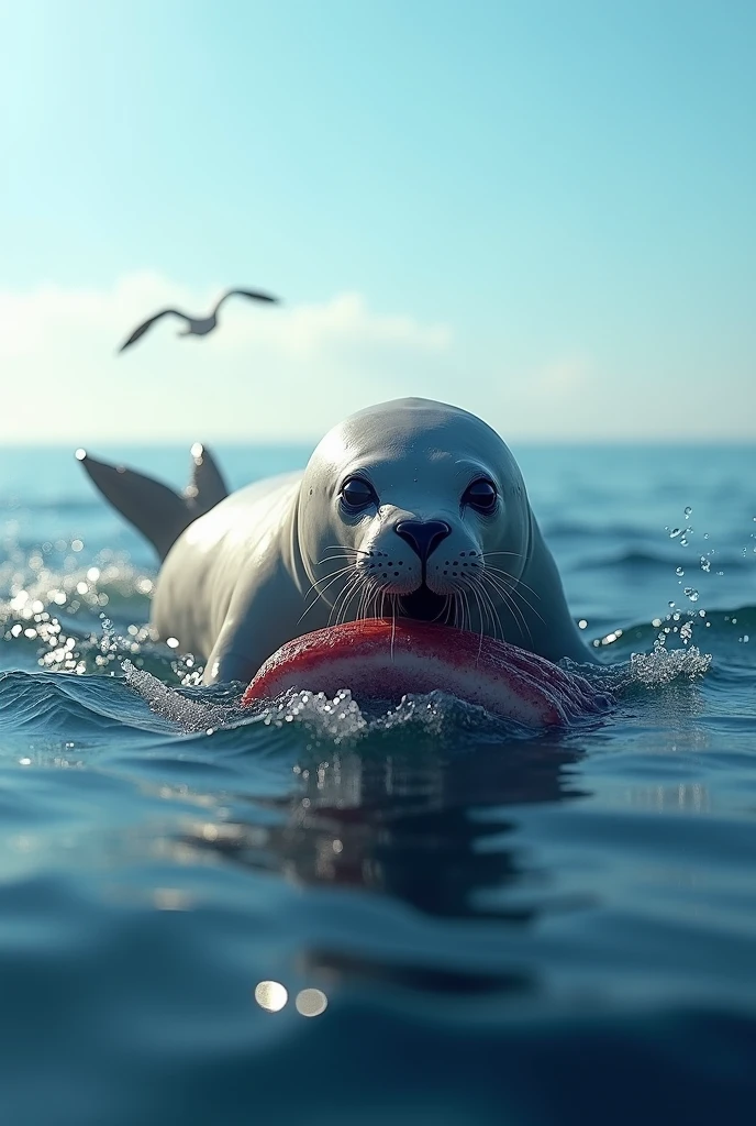 seal on the sea eating meat