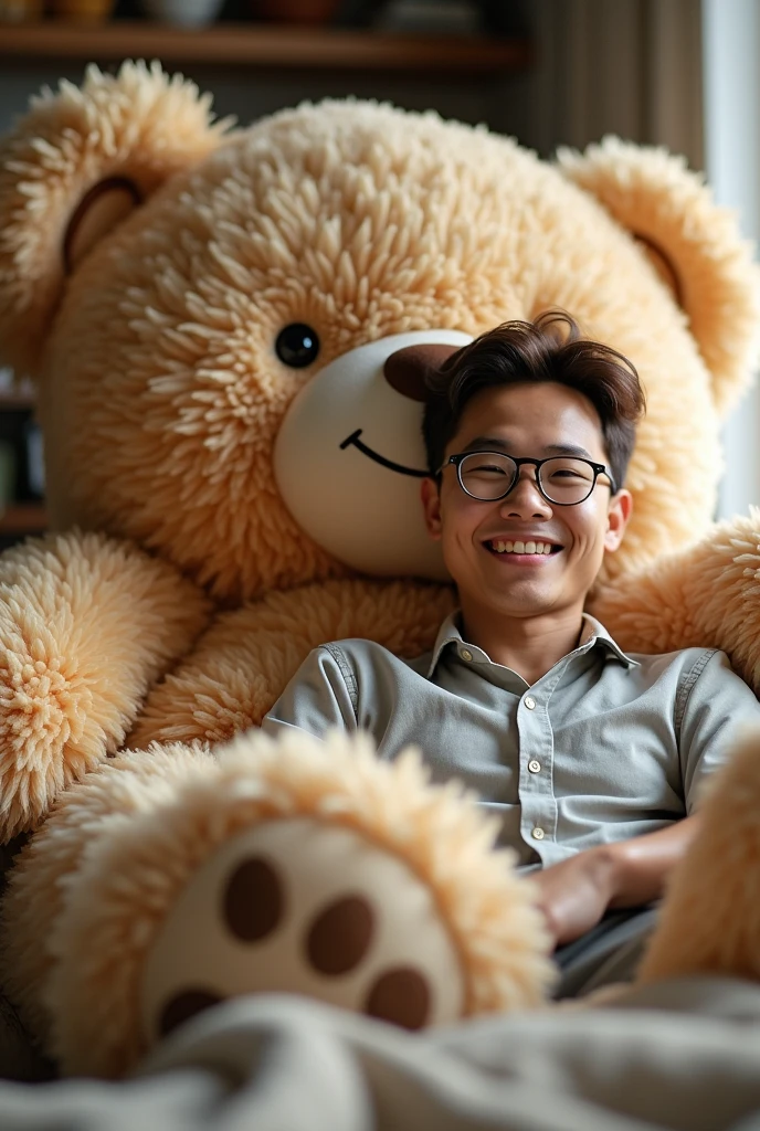 Smiling man with brown hair and glasses laying with a giant stuffed bear
