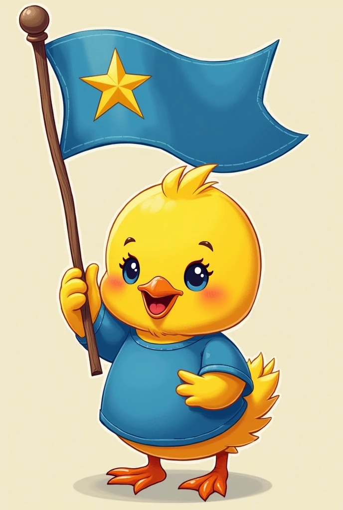 Yellow chick with a standards flag and a blue t-shirt with quality.