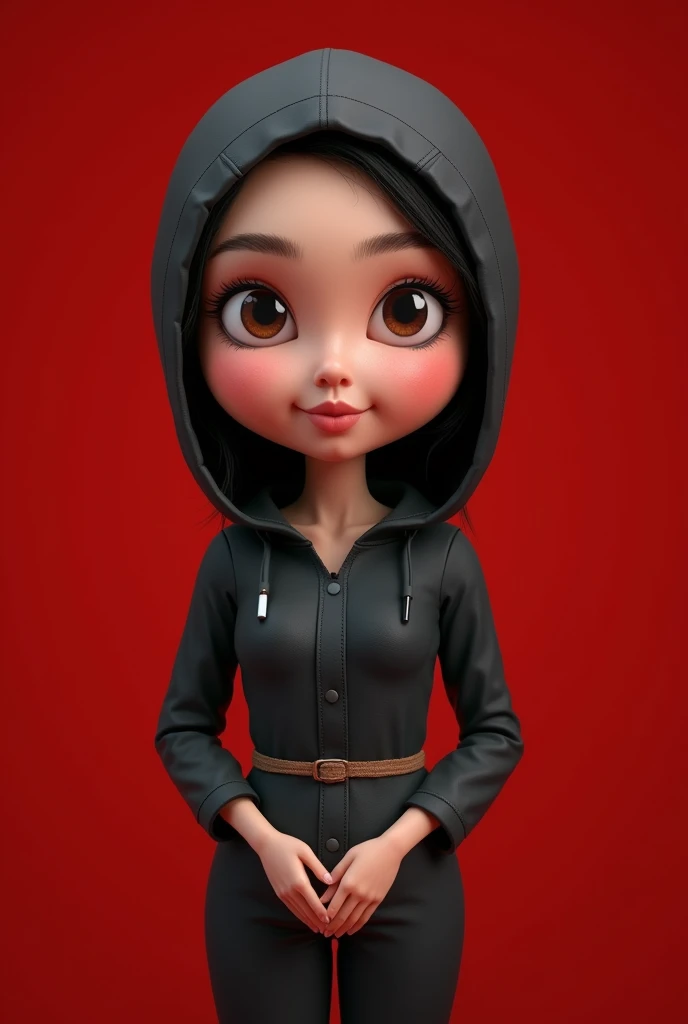Realistic 3d caricature. big head. A 20 year old Indonesian woman. oval face shape. oval chin, beautiful, slightly round eyes, fair skin, thin smile, hooded. wearing bondage clothes. wearing Collars. The position of the bound body is clearly visible. the mouth is gagged with a ball gag. Red background. Use soft photographic lighting with hair lights, edge lights, and top lights. Photograph with very high detail.