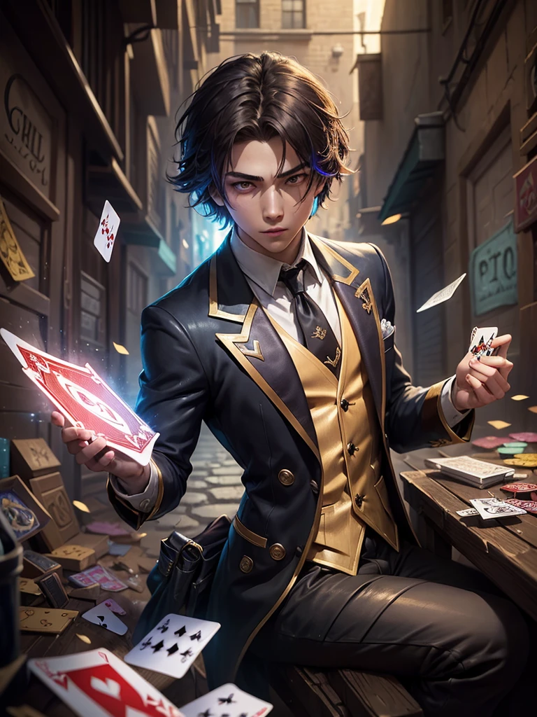 ((best quality)) , ((masterpiece)) , (detailed),In the style of League of Legends splash art, a young magician in an alley is playing cards with colorful glowing cards.