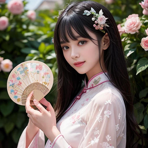 best quality, Delicate face,beautiful visual work, lifelike, eternity, black hair, Long curly hair, blunt bangs, Smile, In the flower garden, flower, Detailed Background, Delicate face,pink blush,cold,((masterpiece))、(top quality)、8k、high detail、Super detailed,21 years old female,Wearing Chinese cheongsam、Seductive and whimsical style、masterpiece、born、Scenes resembling fairy tale illustrations、Intricate details and complex designs、Beautifully、magic、capricious、 Beautifully、Dream aesthetics、「𝓡𝓸𝓶𝓪𝓷𝓽𝓲𝓬、ethereal、charming、fickle、magic」、Realism、Visual effects、FXAA、SSAO、Shaders、voiceless、ambient lighting、Tone mapping、High resolution、Ultra high quality、Million pixels、(8K resolution:1.10)、8k、Below 8K、8K resolution、high detail、intricate details, (high quality:1.2、masterpiece:1.2、:1.21)、(21 years old female:1.21)、(Smile excitedly)、(Surrounded by the dreamy atmosphere、Model diagram,full-body shot,Normal 2 feet,Don't show your fingers,The fan is unfolded under the chin