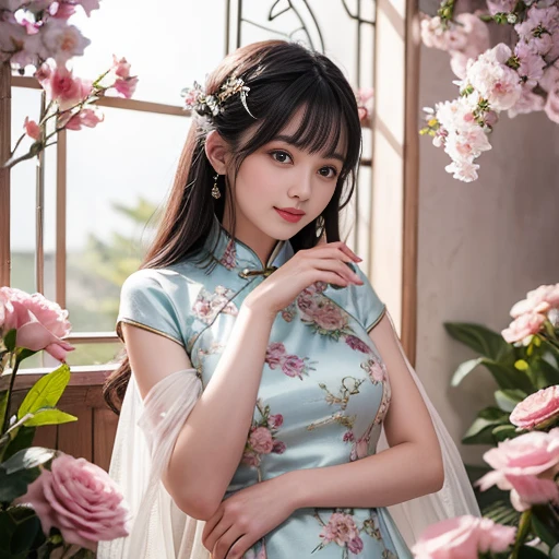 best quality, Delicate face，beautiful visual work, lifelike,  eternity, black hair, Long curly hair, blunt bangs, Smile, In the flower garden, flower, Detailed Background,  Delicate face，pink blush，cold，((masterpiece))、(top quality)、8k、high detail、Super detailed，21 years old female，Wearing Chinese cheongsam、Seductive and whimsical style、masterpiece、born、Scenes resembling fairy tale illustrations、Intricate details and complex designs、Beautifully、magic、capricious、 Beautifully、Dream aesthetics、「𝓡𝓸𝓶𝓪𝓷𝓽𝓲𝓬、ethereal、charming、fickle、magic」、Realism、Visual effects、FXAA、SSAO、Shaders、voiceless、ambient lighting、Tone mapping、High resolution、Ultra high quality、Million pixels、(8K resolution:1.10)、8k、Below 8K、8K resolution、high detail、intricate details， (high quality:1.2、masterpiece:1.2、:1.21)、(21 years old female:1.21)、(Smile excitedly)、(Surrounded by the dreamy atmosphere、Model diagram，full-body shot，Normal 2 feet，Don't show your fingers，The fan is unfolded under the chin