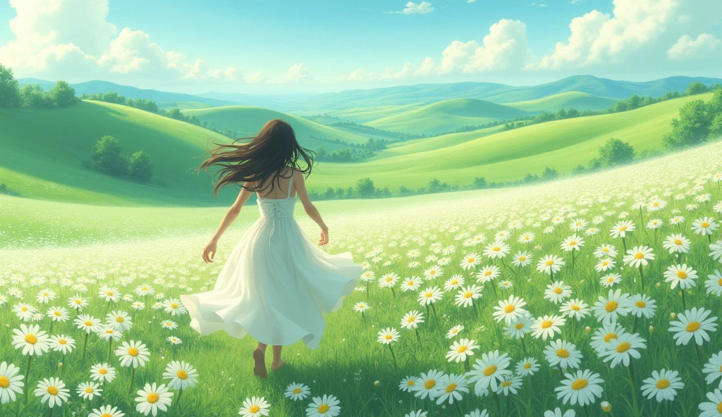 A greeny landscape with ocean of white daisy flowers and the ambience is so light and peaceful where a woman with a long hair and wearing a white dress running in the midst of it but her back only is visible. make the picture from the sky down to landscape. Make the picture like a ghibli illustration 