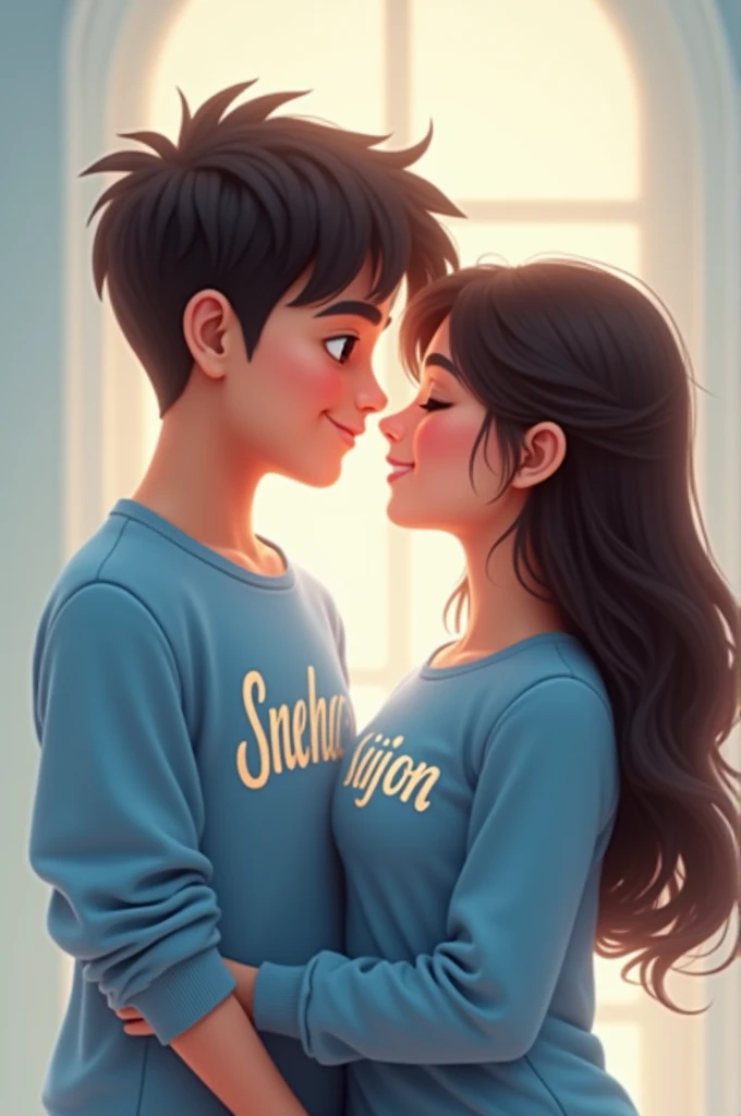 A couple is Romance to each other warmly. They are both dressed in blue outfits— the boy’s shirt features the name "Sneha" prominently, and the girl’s shirt has the name "Srijon" on it. They are smiling at each other, creating a tender and affectionate scene. The background could be a soft, neutral color or a gentle, romantic setting to complement their connection.