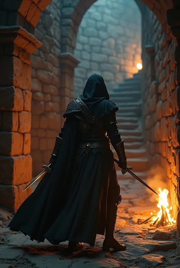 (masterpiece:1.2), (best quality:1.2), 8k, HDR, ultra detailed, ((photorealistic)), professional light, cinematic lighting, fashion photography, ambient lighting, background, a dark medieval dungeon, Darkness, epiCPhoto, fire, stairs, A thief in cloth armor, holding golden dagger in each hands.