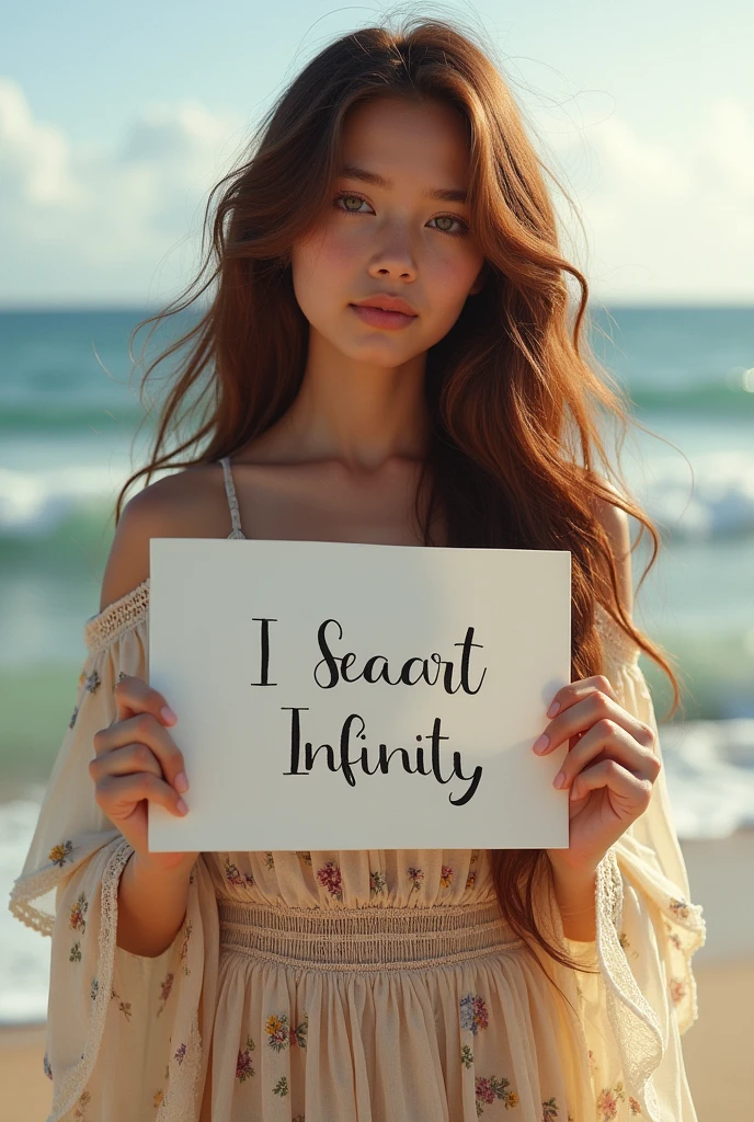 Beautiful girl with wavy long hair, bohemian dress, holding a white board with text "I Love Seaart Infinity" and showing it to the viewer