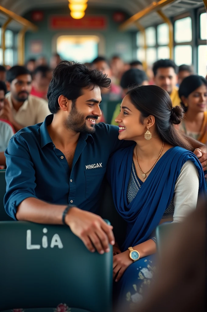 A 20 year old couple sits on a seat in a beautiful bus, eye contact with a romantic smile. many people are sitting in the back. The boys wear navy shirts with the name “MINGKAK” written on them and the girls wear blue kurtis., white and navy, with blue dupatta, written the name &quot;LIA&quot; on the chair. they look so beautiful, tiny, India, necklace, wotch, girl&#39;s hair is tied up and kept on one side of the shoulder. Full background thundering, high quality 4k images, realistic bus.”
