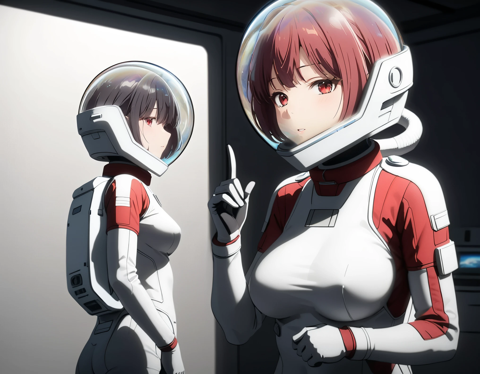 (spacesuit:1.15), white cargo pants, astronaut)bubble helmet, space helmet , , looking at the audience,\ indoors, masterpiece, best quality, 2girl, two girl, tits, , ,, short hair, , red eyes, from side