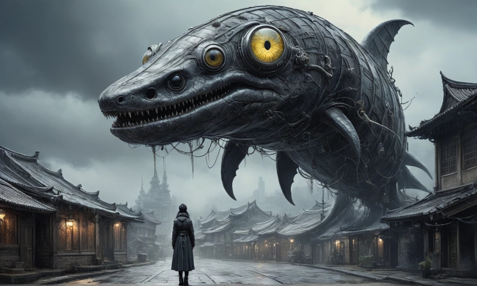 fish eyes, A Modern flat toon Crazy whit a Big ONE a Only Eye Robot USSR ,pinhead, camouflage Rusty, Ambient in a meteorite ,graphite old witch after a psychiatric clinic,winter,intricate landscape,slate grey atmosphere,film grain,,faded,snake eyes extremely detailed,another world,ring of truth,French Braid with a Twist,view from height,once pretty face,eyebrow up,full body shot,ominous landscape, Simon Stalenhag,Nicola Samori,full body shot,beggar paladium The Alien Entity,Technicolor,natural skin textures, hyper realism, hyper detailed,Extremely detailed,High contrast,Masterpiece,Realistic,Ultra Detailed, intricate details,realistic humid leather,extremly intricate,Epic Realistic, cinematic style,irina yermolova,high contrast,hdr,extremely detailed, deep night landscape,masterpiece,intricate details,faded,eyes extremely detailed, high detailed eyes,8k resolution,RAW,retina, Nikon Z9,China,Guangxi Zhuang of China,tkt style,ears perfect, transition between two art styles, Ink painting to photorealism, Double contact, X-ray, Creative, vivid light, masterpiece, fantasy, Abstract Surrealism, super detailed, high resolution, stop:35;Her skin is pale, almost translucent,ancient rock,snake's leather,a hot air soars through the layers of clouds, revealing a colossal and enigmatic cityscape nestled within. The buildings in this ethereal city are adorned with intricate details and exude an aura of mystery. Above the cityscape, lend an enchanting touch to the scene. steampunk. The intricate mechanics create a sense of wonder and fascination, as if stepping into a dreamlike realism