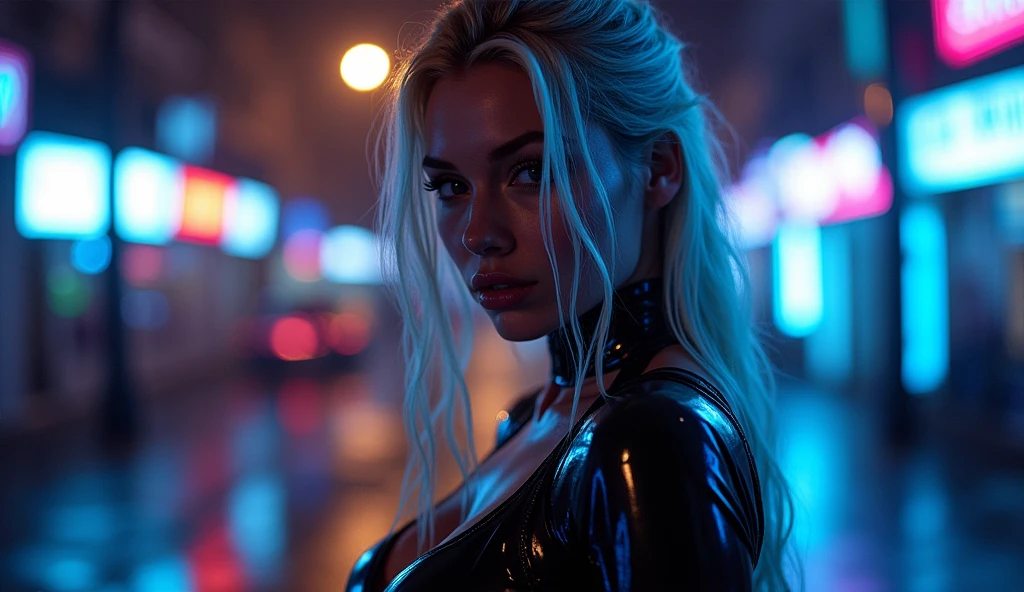 ((best quality)), ((masterpiece)), (detailed), ((background Cyber)), wet look, ((blond long Hair)), ((Intricate detailing, in the night time, Contre-Jour, random neon color, View from afar, random pose, blue latex bodysuit, face focus, hell picture, light face, big boobs)), (face brightly lit), ((full body view)), 8k