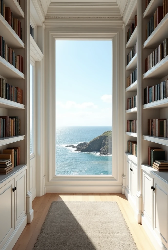 European-style room, ocean view room, lots of bookshelves, white room, European plaster