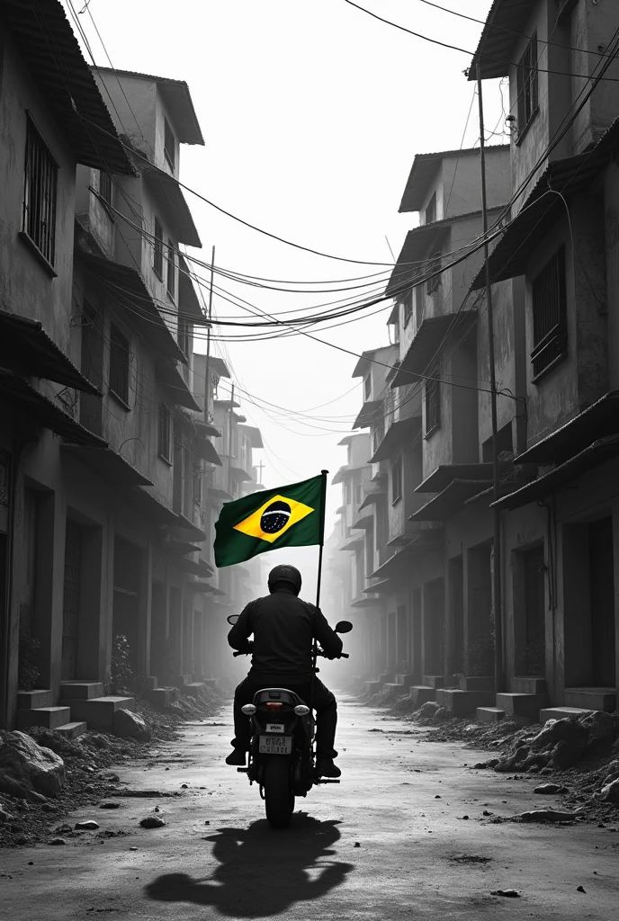 child dreaming of a motorcycle with the wheel up, drawing a favela in black and white, the Brazilian flag
