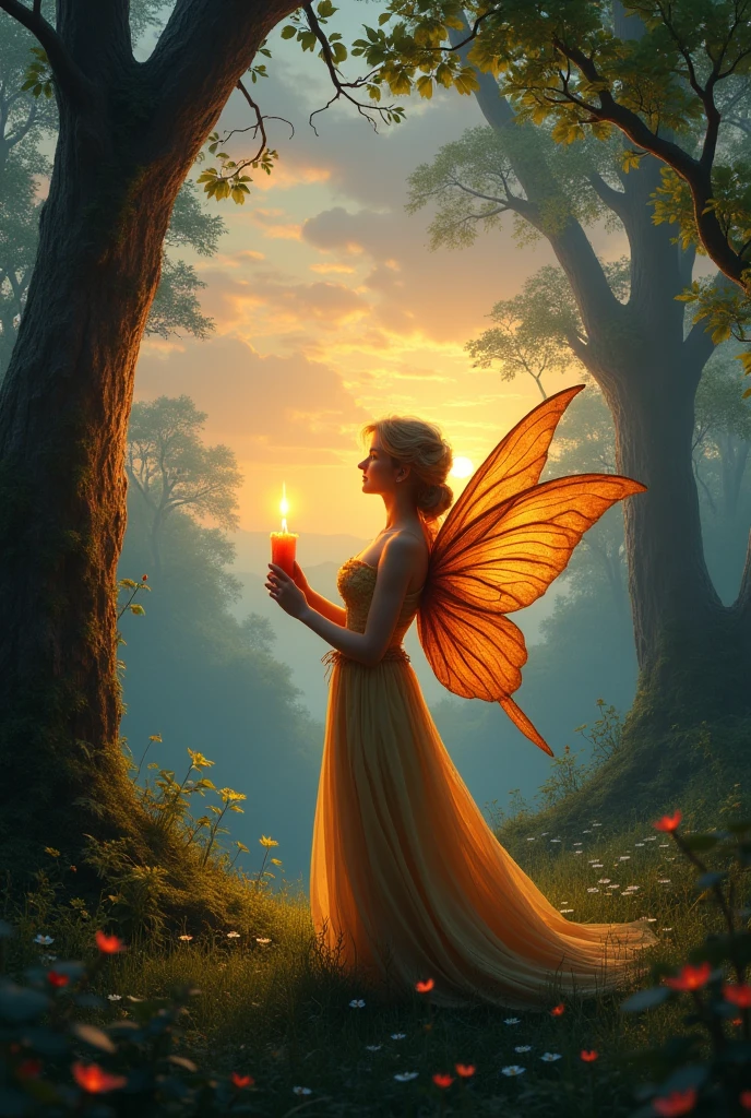 Fairy in the forest holding a candle with beautiful landscape behind and sunset