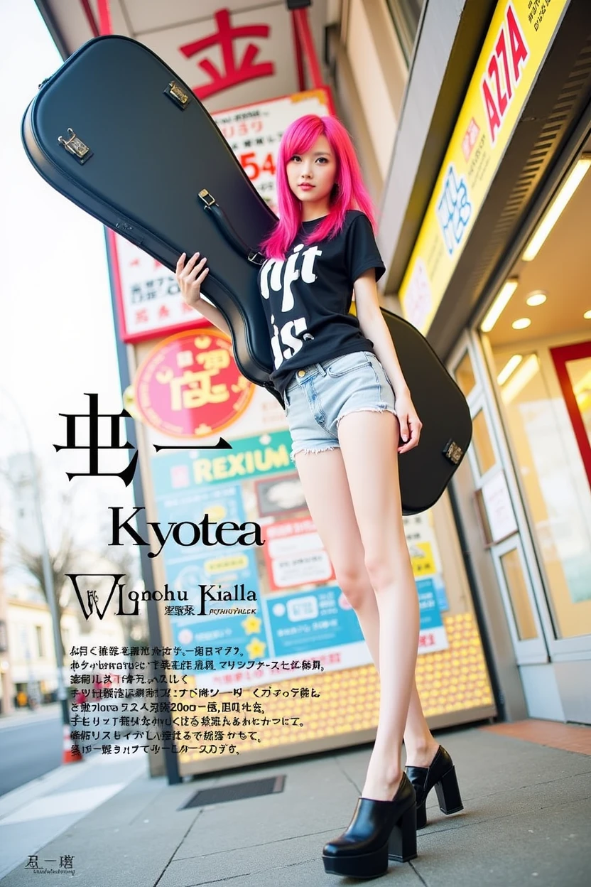 Poster layout for adult video, with text on screen: "(20 years old)
Born in Kyoto Prefecture
Experience playing guitar for 6 years
Aspiring musician who came to Tokyo from Kyoto to pursue her dreams
She sings for her dreams...
We pick her up because we want to see her have sex!
The vocalist of an amateur band was so cute...
We picked her up, started dating her, and persuaded her to make her AV debut!
Vocal of the am
ADULT ENTERTAINMENT UNITES THE WORLD AS
ALWORL.(((Japanese woman carrying a large black guitar case))), 26 year old adult woman wearing a black crew neck top with large English letters on her chest and short blue jeans posing for a photo, busty female porn actor, dynamic pose, model pose for rock music magazine, unimaginably beautiful woman with slender curves, Japanese female fashion model, (((very bright pink hair))), happy, thick chain jewelry around neck and arms, (((in front of a strip theater in Asakusa))), pure and beautiful smile, intelligent face, slender curves, big breasts, wearing a black t-shirt, a very small leather jacket, denim shorts, (((extreme low angle))), null, building, carrying a black guitar case with a guitar strap attached