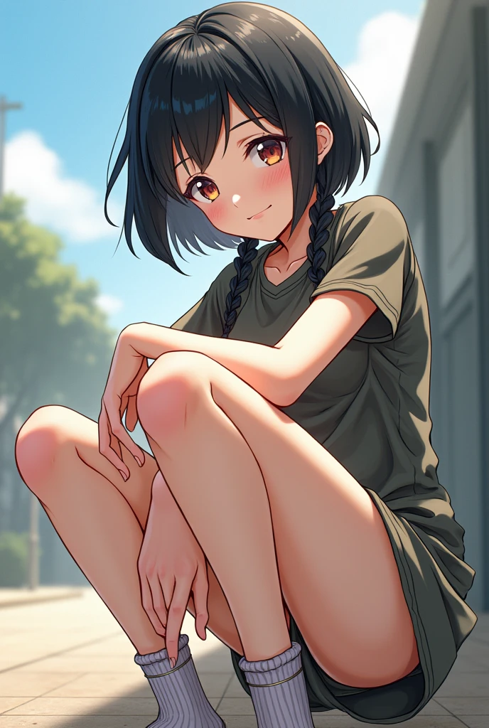 、Earth Federation Operator Girl Soldier、Black short hair、Medium Breast、Cute like an idol、Childish face and appearance、Accurately drawn faces、Medium Breast、Anatomically correct、Accurate Fingers、Accurate Rimbuster Piece、Photorealization、smile, Mr.々Feminine casual dress with a simple pattern, (squat, Self-pleasure, Highly detailed, realistic textured panties), Strong sunlight, Braiding, Old Fashion, Angle from below, Broad background,