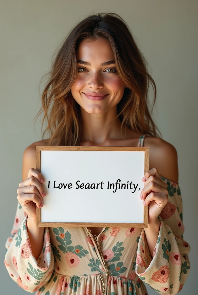 Beautiful girl with wavy long hair, bohemian dress, holding a white board with text "I Love Seaart Infinity" and showing it to the viewer