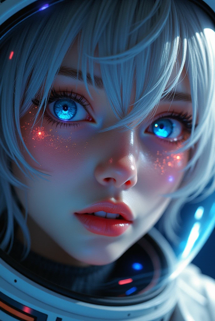 (Close-up of a better masterpiece:1.5)0.9], (Space and astronauts:1.2) (Messy silver hair:1.1) (Heterochromia xanthochromia and blue eyes:1.2) (Space Helmet:1.0) (Colored stars in the eyes:1.0) (A radiant glow:1.1) (thick lips:0.9)