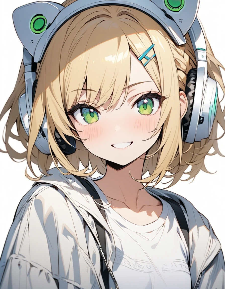 ((ultra-detailed))/one women, short blonde hair and bob hair.、beautiful green eyes、a braid, I tied my hair in a bun with a hair clip..、smile、gentle smile on her face、flat chest, one Beautiful girl,((masterpiece, illustration, best quality) ((ultra-detailed))/solid white background,blank background, while wearing wireless white headphones, full upper body