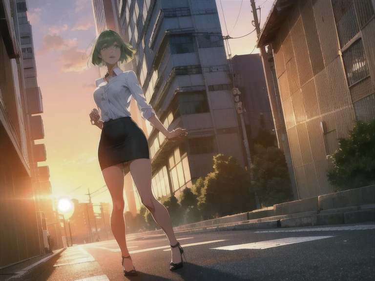 anime、(((Tokyo at sunset)))、office Street、alley、One Woman、Short Hair、See-through blouse、Tight Skirt、Hair fluttering in the wind、Green Hair、Full body portrait、Grey high heels、Backlight、