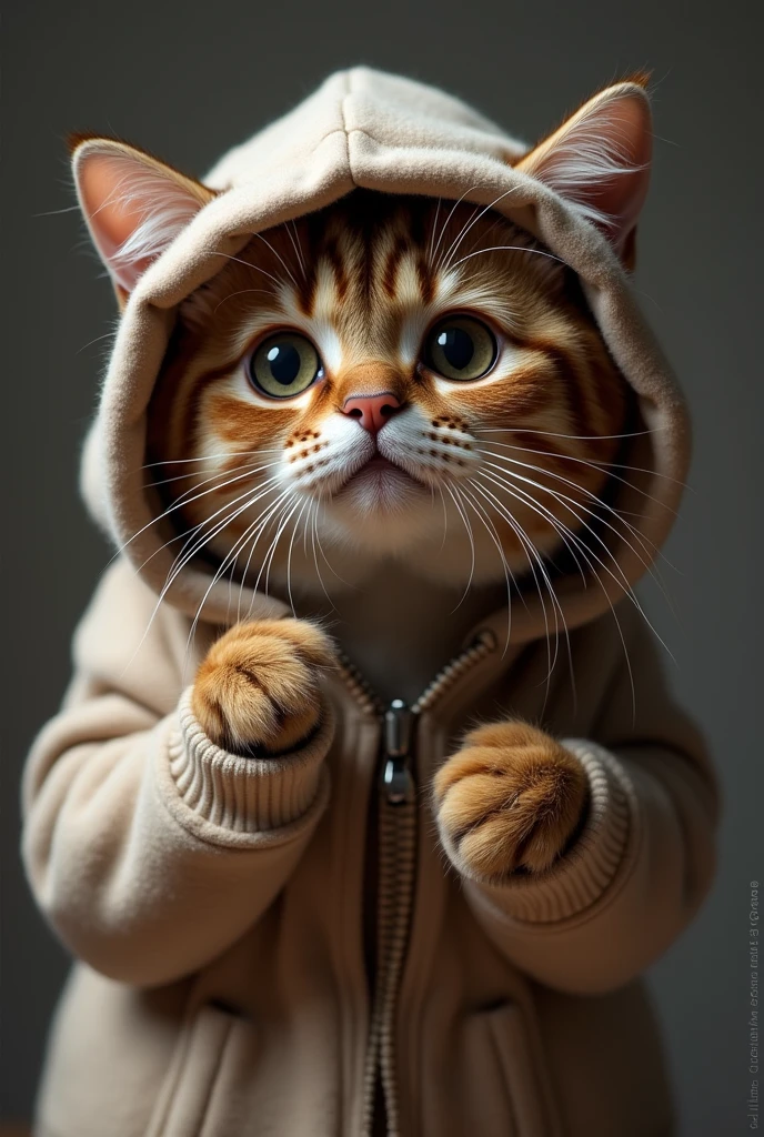 animal focus, no humans, cat, hood, big eyes, animal, fat cat doing exercise,sweat a lot