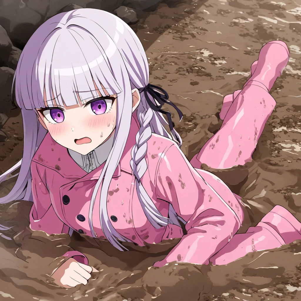 a girl laying in muddy field, wearing a long pink shiny buttoned raincoat, ((shiny pink raincoat)), ((muddy clothes)), wearing raincoat hood, covered in mud, mud splatters, ((long pink hunter rain boots)),embarrassed expression on her face, (kirigiri,  purple eyes, kirigiri kyouko, purple hair, ribbon, hair ribbon, braid, blunt bangs, black ribbon, side braid)