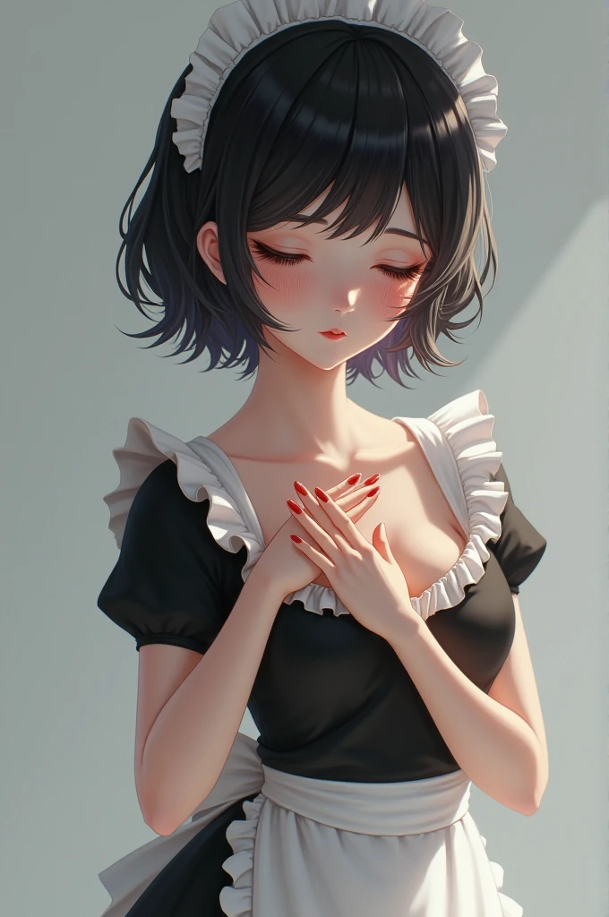 A maid with short black hair has her eyes closed and shows off her breasts while being a little embarrassed.