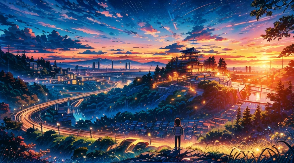Train tracks with sunset in the background, Japanese cartoons. author：Shinkai Makoto, Universe sky. author：Shinkai Makoto, Shinkai Makoto的艺术风格, Shinkai Makoto和 (cain kuga), author：Shinkai Makoto, author：Shinkai Makoto, Japanese cartoons scenery, Shinkai Makoto的风格, Japanese cartoons landscape, Japanese cartoons landscape wallpaper