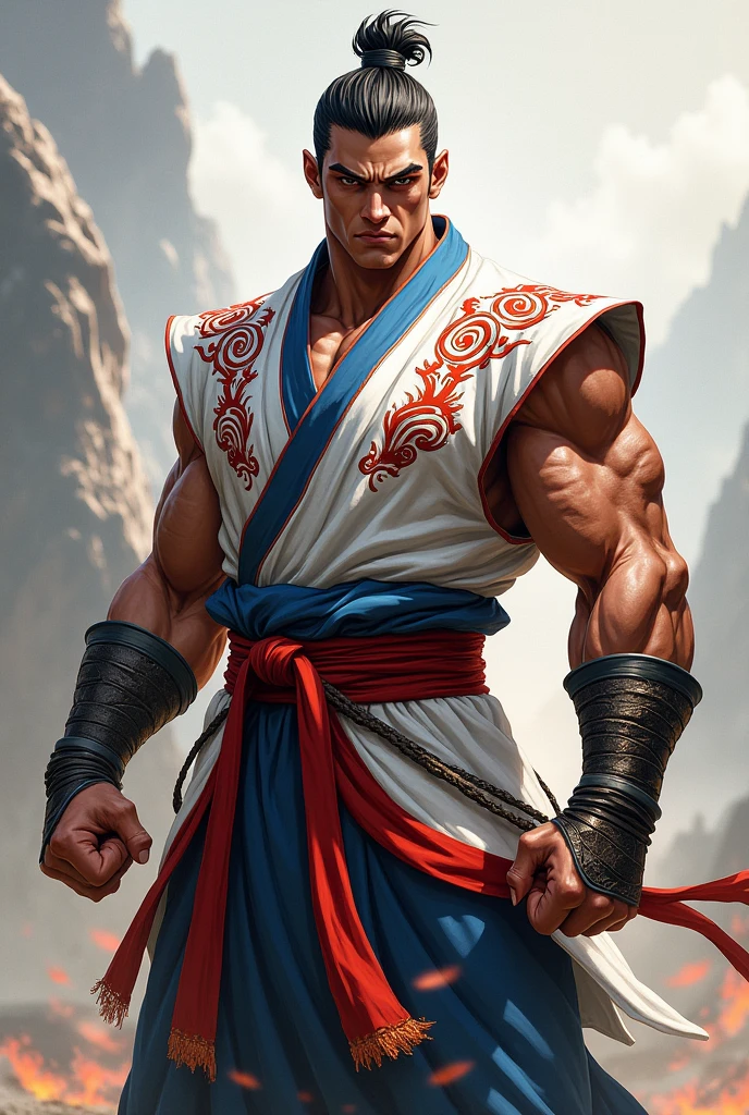 chat, create a fighting game character, male and northeastern who wears clothes in the colors white, red and blue 