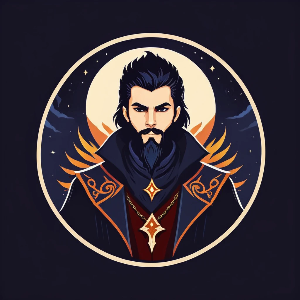 male warlock in folk outfit, vector graphics, strong contours, logo design
