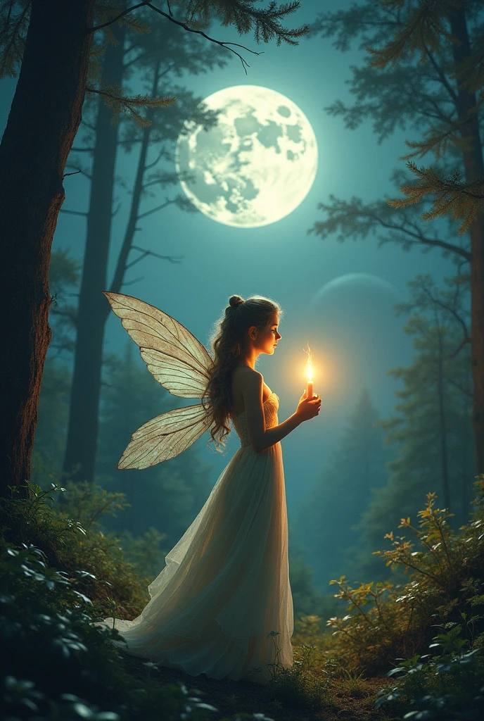 Fairy in the forest holding a candle with beautiful landscape and full moon in the background