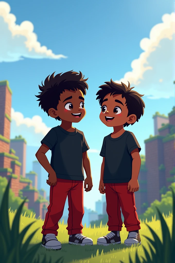 Minecraft account with two boys with black shirt and red pants with black skin color 