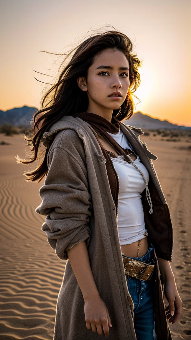 masterpiece, Transition to a desert landscape at sunset, a lonely figure, A beautiful 13-year-old American teenager emerges wearing beautiful post-apocalyptic nomadic clothes., White skin, by rubio, gray blue eyes, Freckles in the face, slim body for running, small breasts, Very detailed face, ultra realistic face, very beautiful face, clean but tired face, post-apocalyptic clothing. Layers of tattered fabric, unconventional accessories, and a worn appearance create an aura of survival and resistance., 16k, ultra high resolution.photorealistic, HD, raw, DSLR