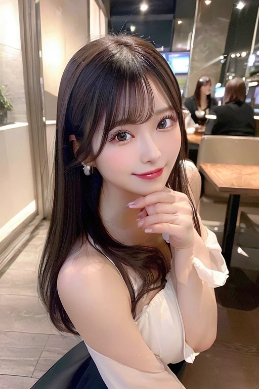 (Ultra - High resolution:1.5)(super detailed:1.3) (super high quality) (Super high quality:1.5) (realistic pictures:1.3) japanese woman 21 years old ((Detailed and beautiful face:1.3)) ((realistic skin texture:1.say exactly, high quality eyes:1.3)) ((The beauty of detailed and high-quality ears, My skin is very fair and transparent.:1.3)) ((beautifully groomed straight short bob hair))complete body Beautiful proportions (Sleeveless shirt made of thin fabric) long gathered skirt The inside of the cafe at dusk in the background... beautiful, Luxurious and stylish interior ((Give a kind smile to the viewer:1.3)) wet half-open lips Amazing high resolution quality